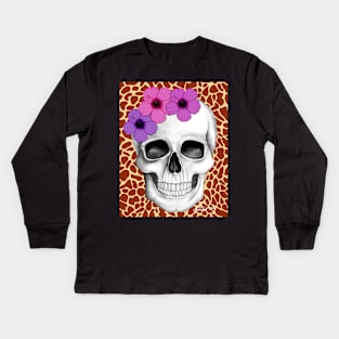 Skull With Flowers (On Giraffe Print Background) Kids Long Sleeve T-Shirt